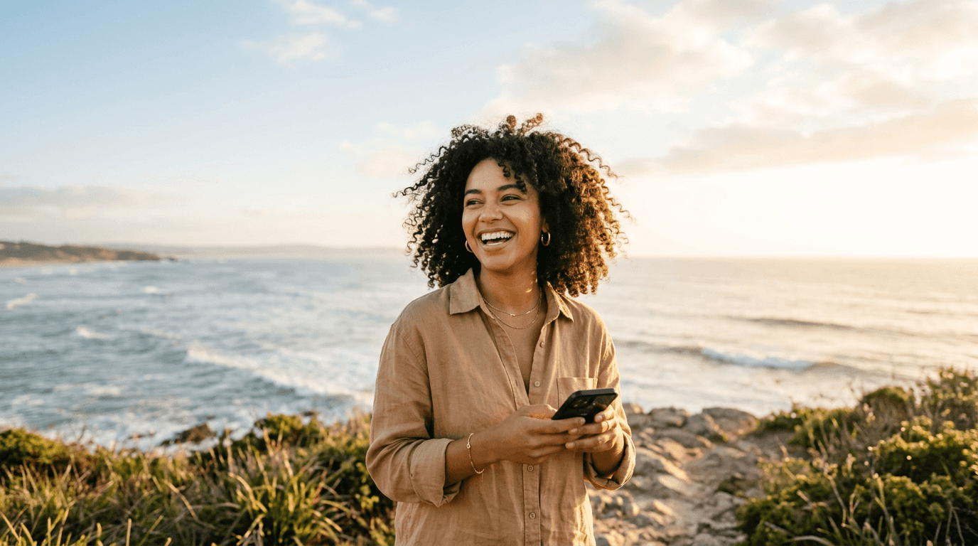 A smiling creator holding her phone on a clifftop above the ocean