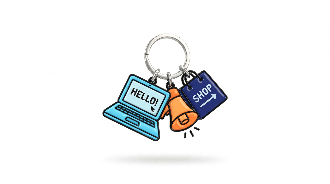 Keychain with a sky-blue laptop, tangerine megaphone and navy shopping bag charm