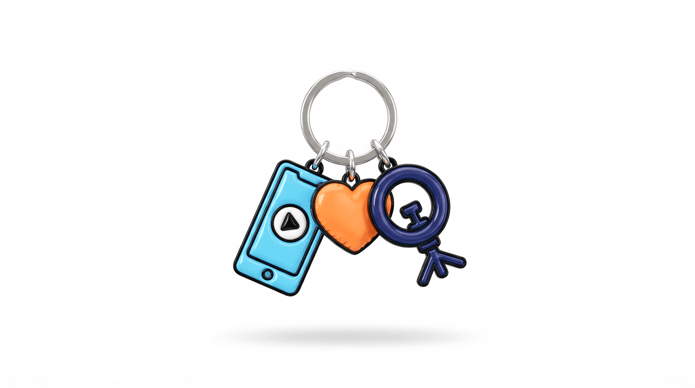 Keychain with a sky-blue phone, tangerine heart and navy ring light charm