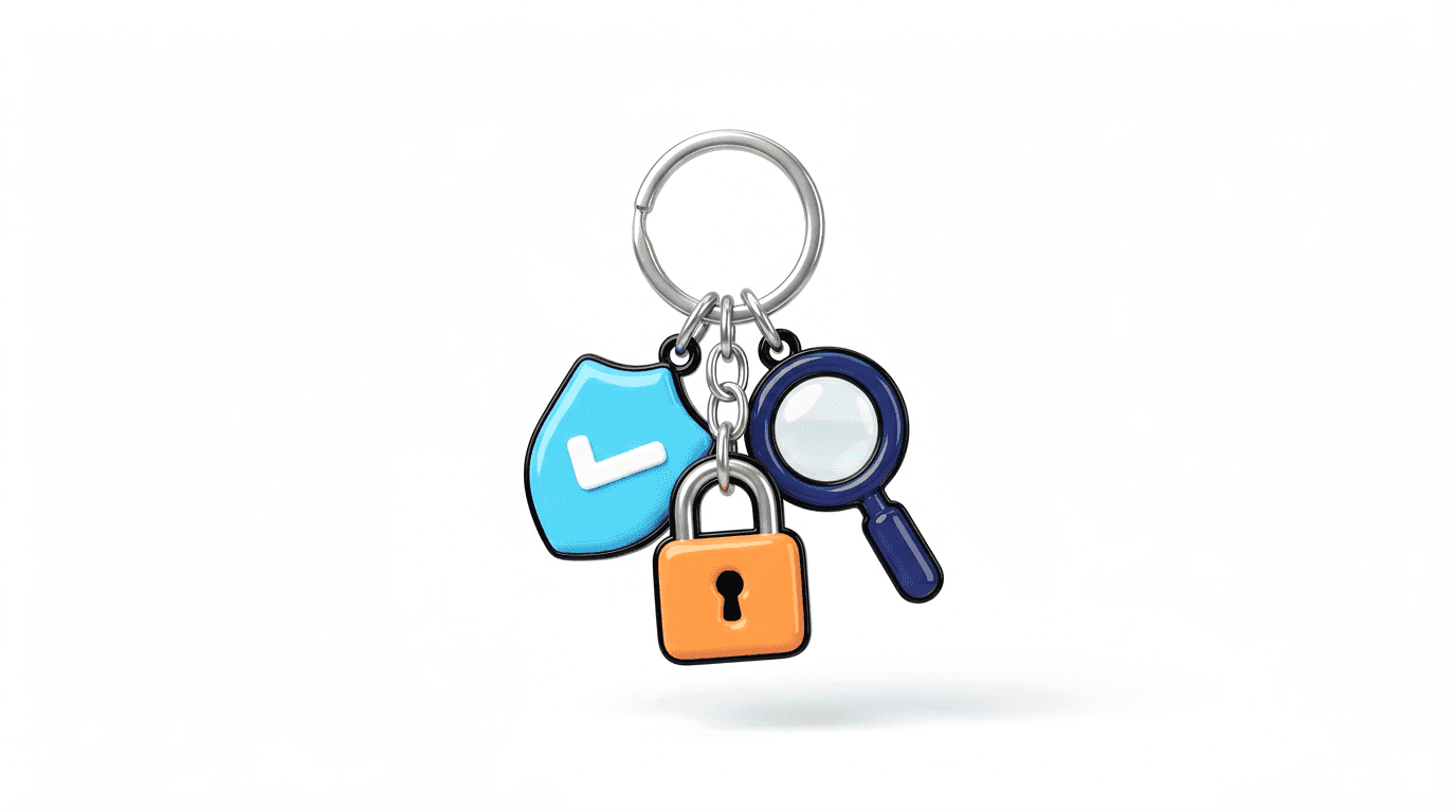 Keychain with a sky-blue shield, tangerine padlock and navy magnifier charm