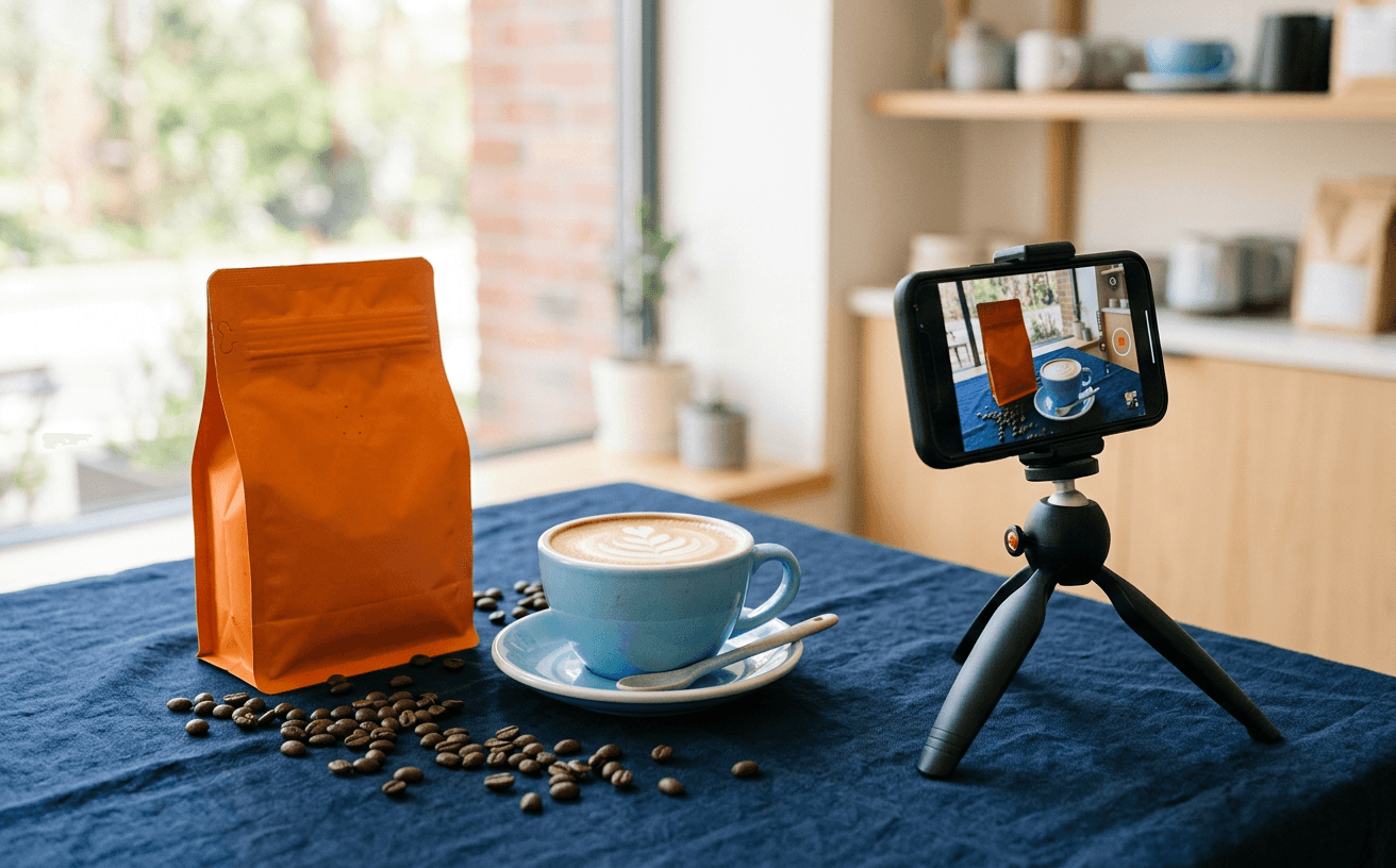 A phone on a small tripod filming a coffee cup and an unbranded product bag