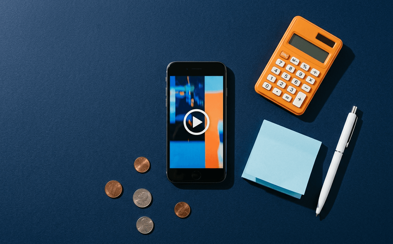 A video on a phone beside an orange calculator, coins and a blank blue notepad