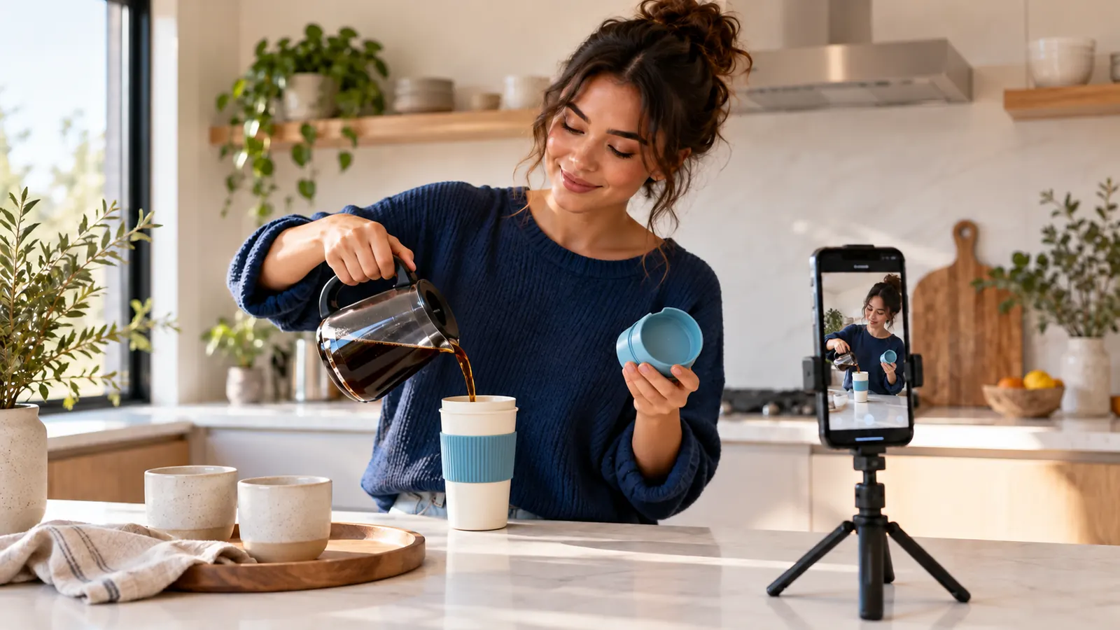 A lifestyle creator filming a reusable coffee cup demonstration with a vertically mounted smartphone in a bright kitchen