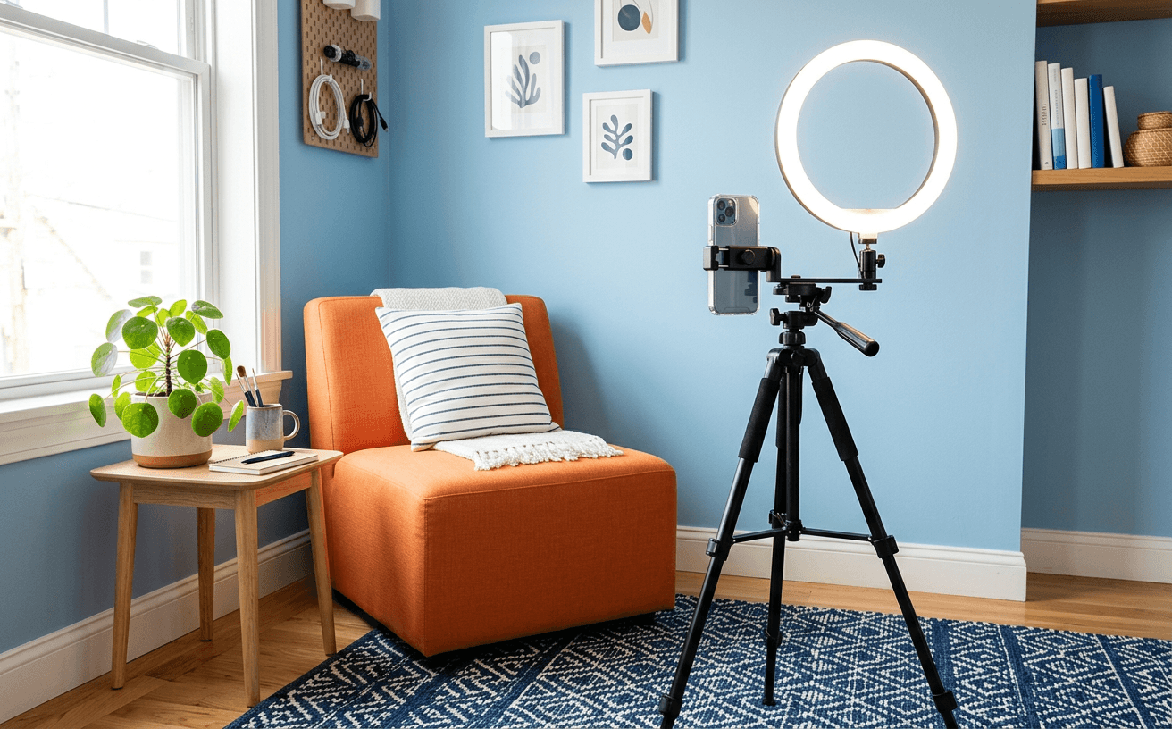 A phone and ring light set up beside an orange chair in a home creator studio