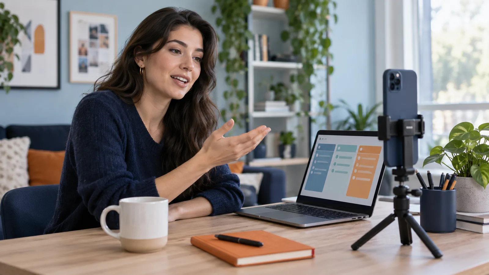 A creator explaining a task-list app on a laptop to a vertically mounted phone in a home workspace