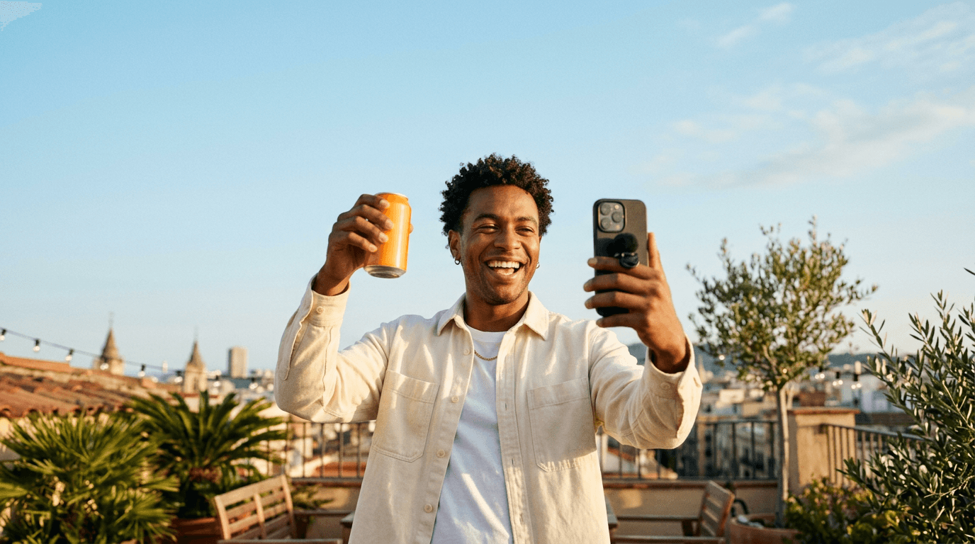 A laughing creator filming himself on his phone while raising a drink can on a sunny rooftop